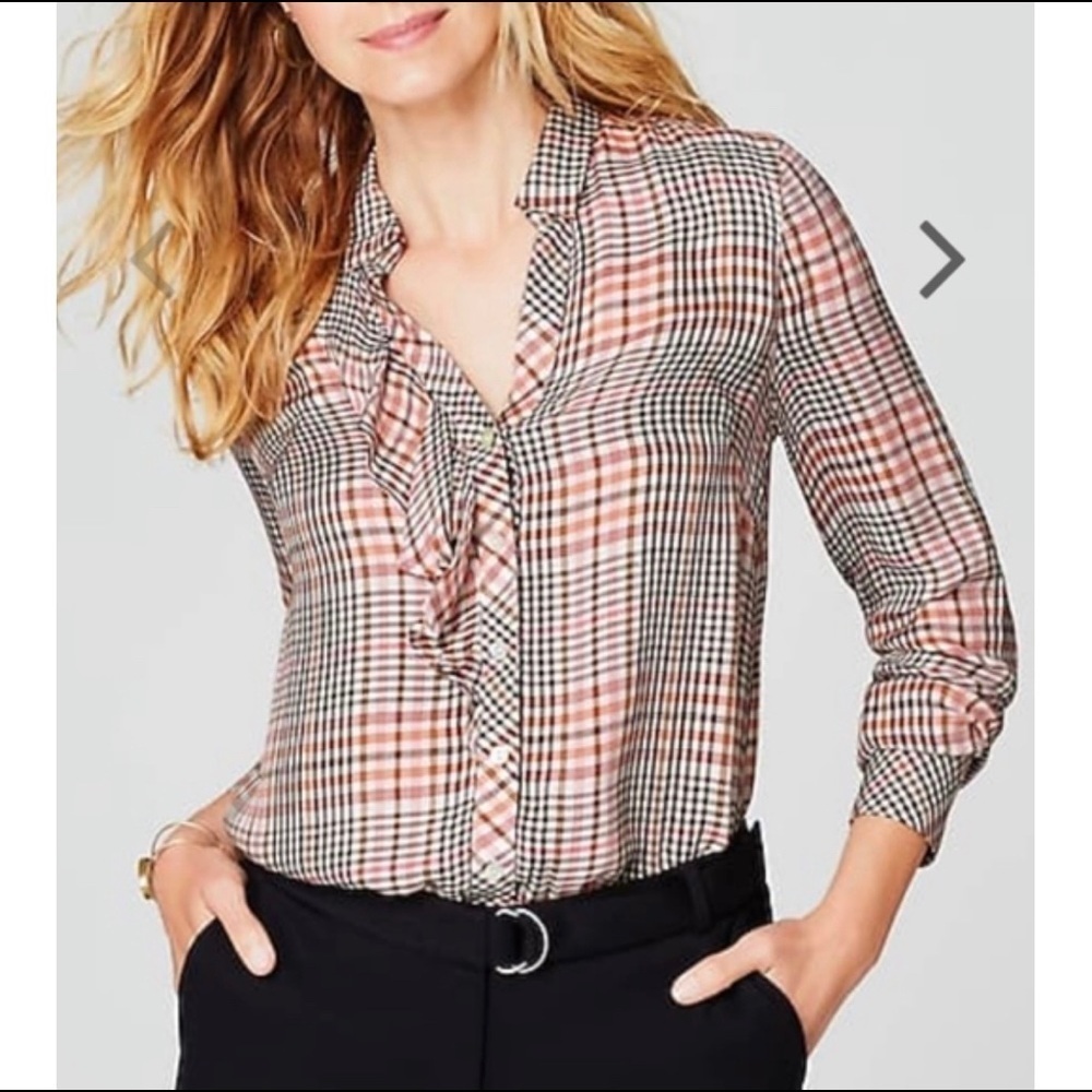 J Jill Ruffled Plaid Button Down Shirt Blouse Tea Rose L